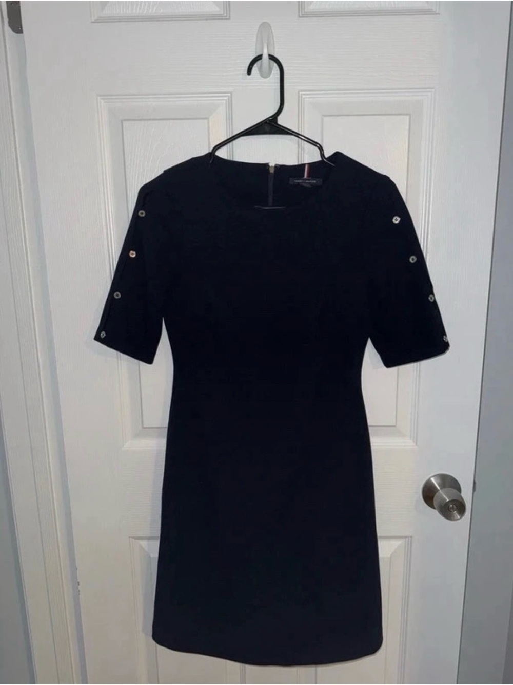 Tommy Hilfiger Black Midi Sheath Dress with Button-Trim Sleeves